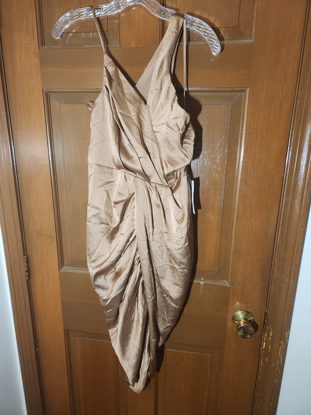 DO+BE Champagne Satin Draped Ruched Midi Dress Size M NWT